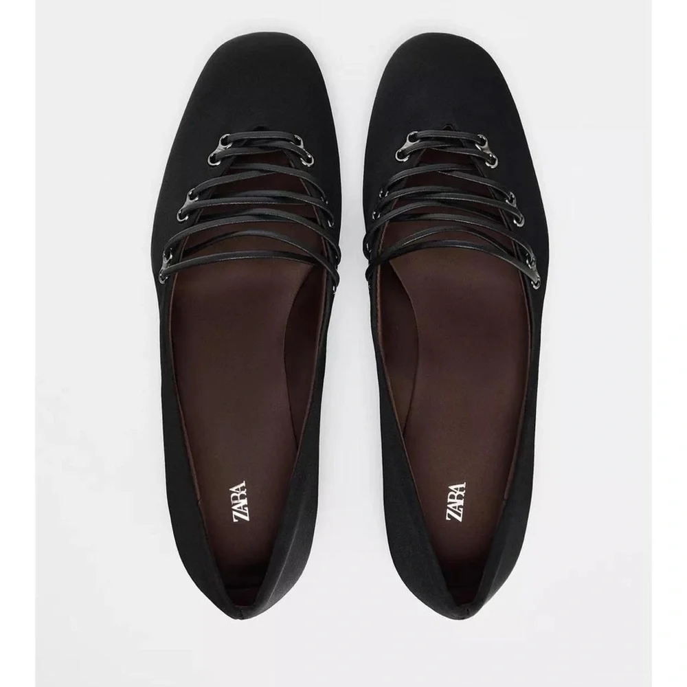 ✨SOLD✨ NWT Zara Satin Lace Up Ballet Flats in Black - 8 - Picture 4 of 8